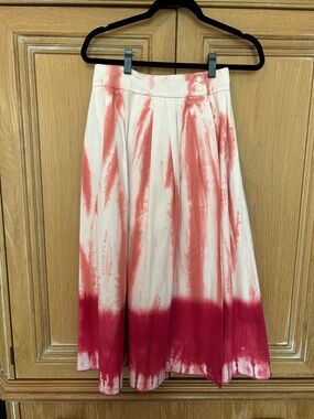 Anthropologie White & Coral Tie-Dye A-Line Midi Skirt